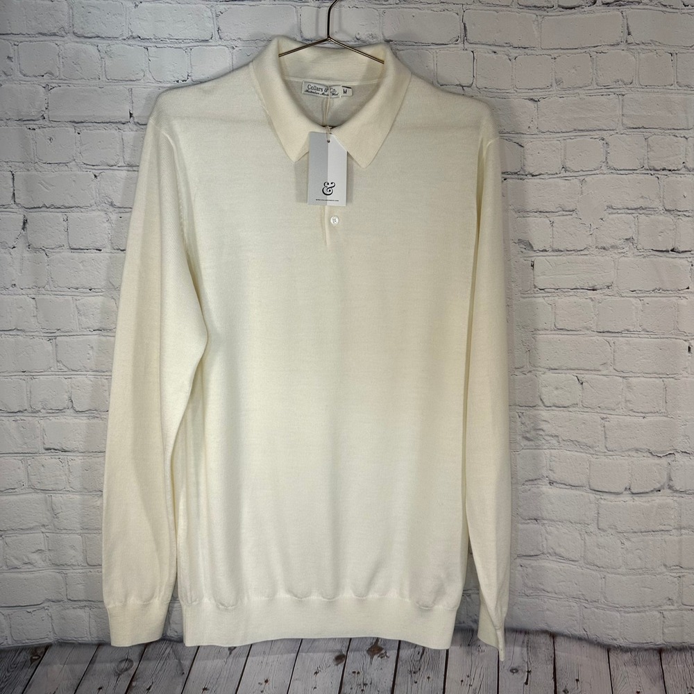 NEW Collars & Co Mens Australian Merino Wool Long Sleeve Polo Sweater Cream M